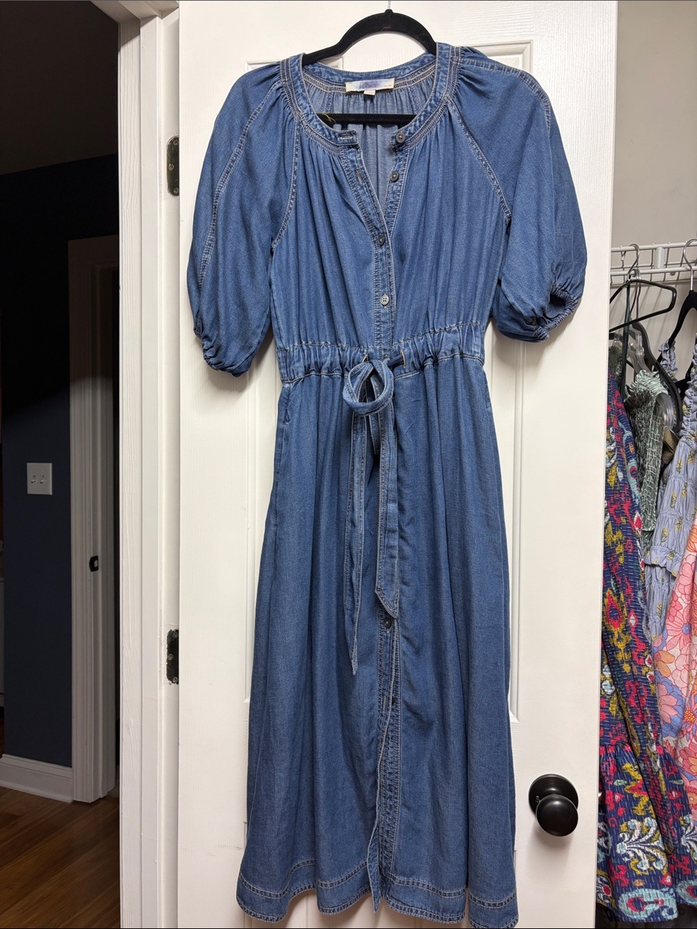 LOFT Blue Denim Button-Front Midi Dress with Tie Waist
